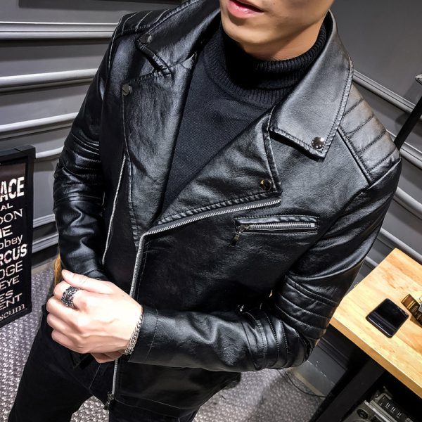 Men's Leather Slim PU Leather Jacket Lapel Jacket - Image 2