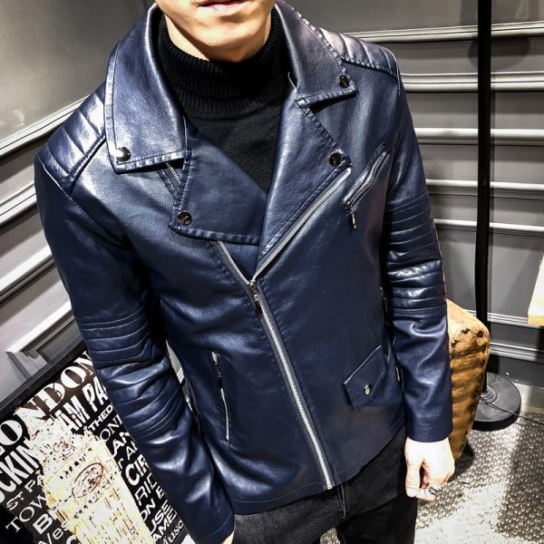 Men's Leather Slim PU Leather Jacket Lapel Jacket - Image 3
