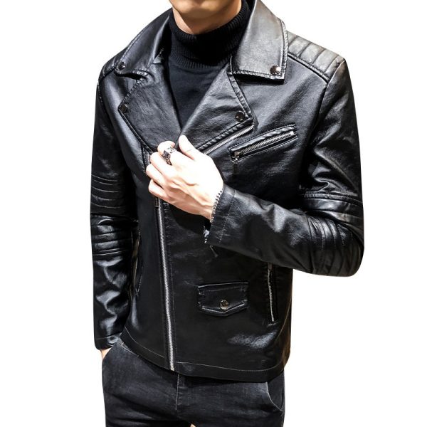Men's Leather Slim PU Leather Jacket Lapel Jacket - Image 4