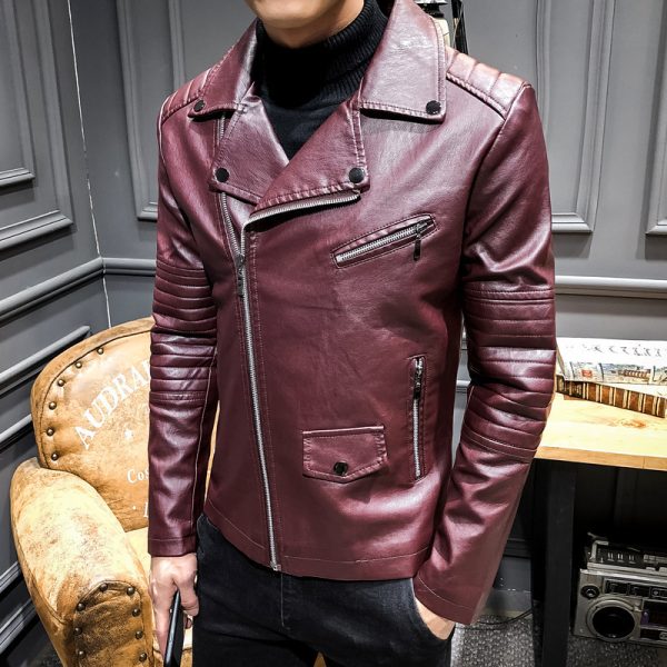 Men's Leather Slim PU Leather Jacket Lapel Jacket - Image 5