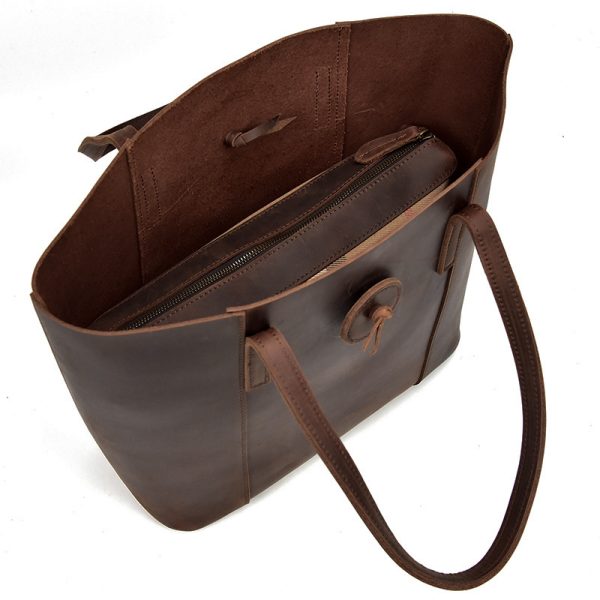 Women Genuine Leather Handbag Crazy Horse Leather Clutch Tote Bags Designer Simple Retro Big Shopping Bag - Image 3