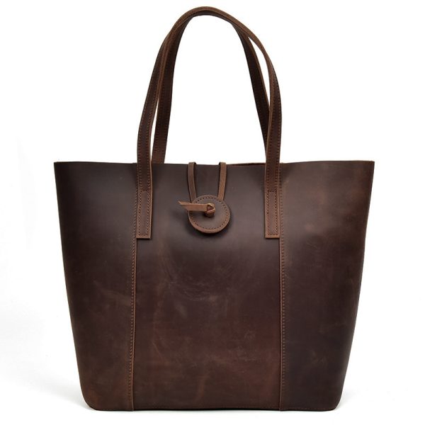 Women Genuine Leather Handbag Crazy Horse Leather Clutch Tote Bags Designer Simple Retro Big Shopping Bag - Image 6