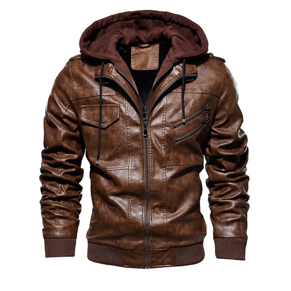 Men's Leather Jacket Men's PU Leather Hooded Leather Jacket - Image 6