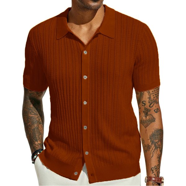 Summer Cool Knitted Men's Shirt Short Sleeved Lapel Solid Color - Image 10