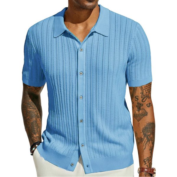 Summer Cool Knitted Men's Shirt Short Sleeved Lapel Solid Color - Image 6