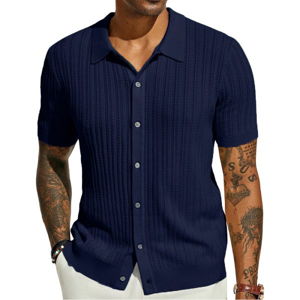 Summer Cool Knitted Men's Shirt Short Sleeved Lapel Solid Color - Image 8
