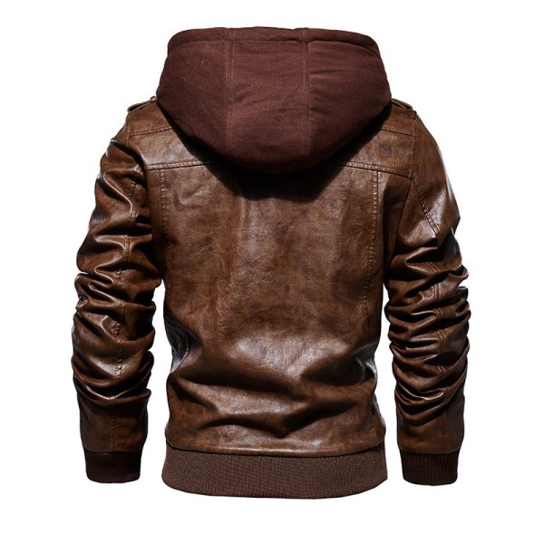 Men's Leather Jacket Men's PU Leather Hooded Leather Jacket - Image 3