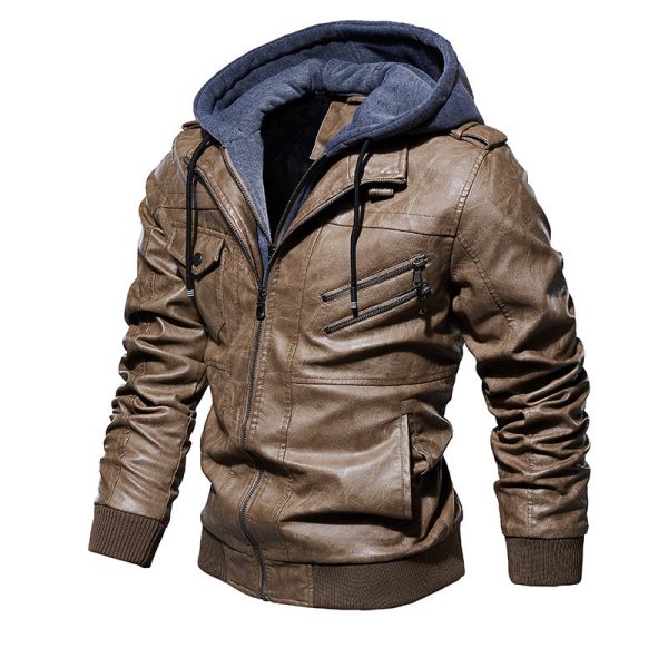 Men's Leather Jacket Men's PU Leather Hooded Leather Jacket - Image 4