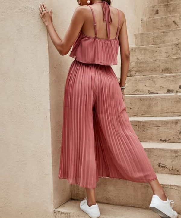 Women's Summer Solid Color Vacation Loose Suit Strap Backless Thin Romper Streetwear INS One-Piece Outfit Beach Style Striped Wide Leg Trousers Casual Suit - Image 7