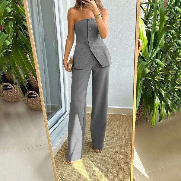 Graceful Tube Top Suit Fashion Button Sleeveless Top And Straight Pants Women's Trousers Set - Image 3