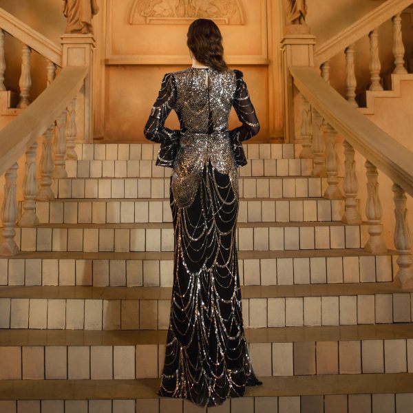 Long Sleeve Round Neck Slim-fit Sheath Sequined Banquet Fishtail Evening Dress - Image 2