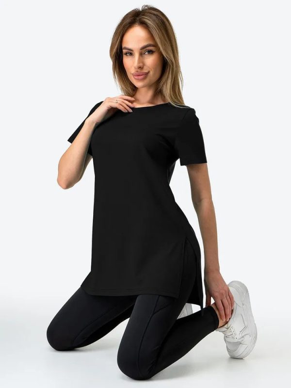 Slit Loose Round Neck Short Sleeve Sweater - Image 4
