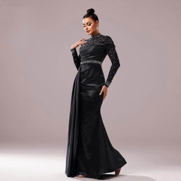 Long Sleeve Slim-fit Sheath Pearl Banquet Fishtail Evening Dress - Image 3