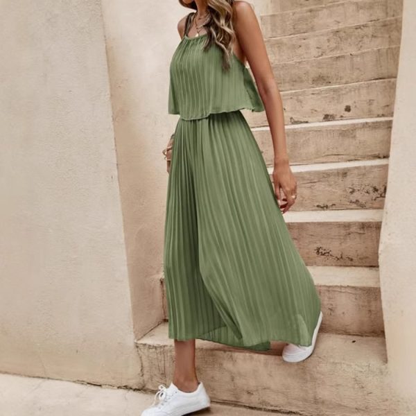 Women's Summer Solid Color Vacation Loose Suit Strap Backless Thin Romper Streetwear INS One-Piece Outfit Beach Style Striped Wide Leg Trousers Casual Suit - Image 2