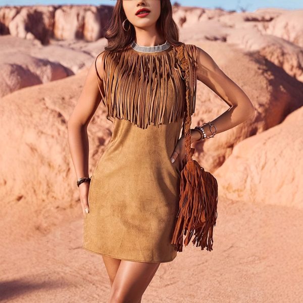 Summer Western Clothing Women's Clothing Bohemian Suede Fringe Wide Vest Dress - Image 2