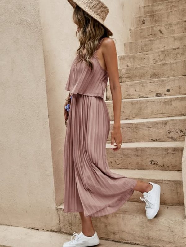 Women's Summer Solid Color Vacation Loose Suit Strap Backless Thin Romper Streetwear INS One-Piece Outfit Beach Style Striped Wide Leg Trousers Casual Suit - Image 10