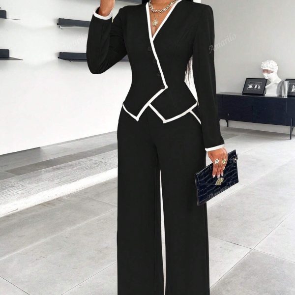Single-breasted Contrast Color Trim Suit Pants Suit - Image 4