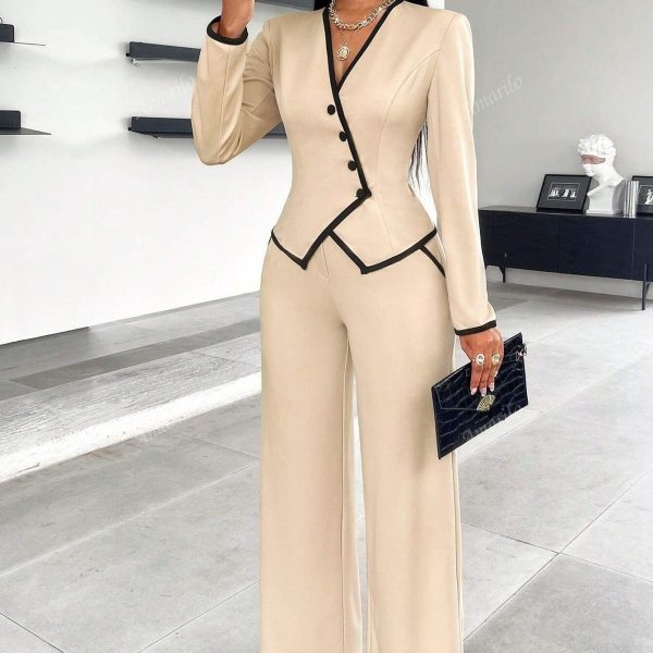 Single-breasted Contrast Color Trim Suit Pants Suit - Image 3
