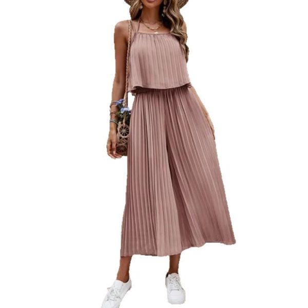 Women's Summer Solid Color Vacation Loose Suit Strap Backless Thin Romper Streetwear INS One-Piece Outfit Beach Style Striped Wide Leg Trousers Casual Suit - Image 3