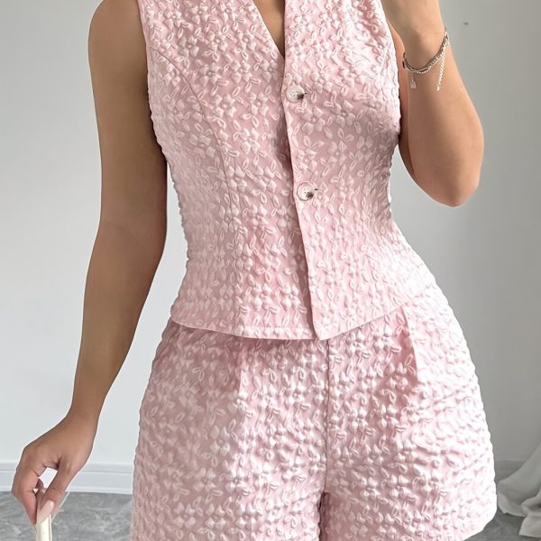European And American Size Women's Elegant Solid Color Jacquard Sleeveless Vest And Shorts Two-piece Set - Image 7