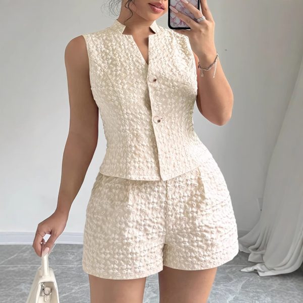 European And American Size Women's Elegant Solid Color Jacquard Sleeveless Vest And Shorts Two-piece Set - Image 5