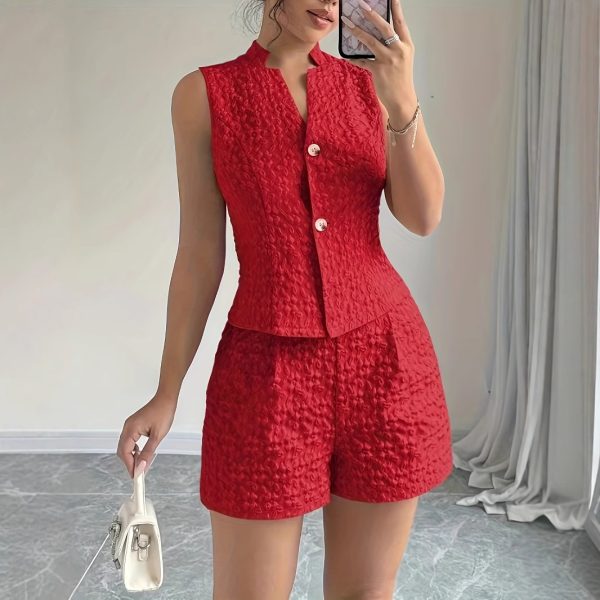 European And American Size Women's Elegant Solid Color Jacquard Sleeveless Vest And Shorts Two-piece Set - Image 4