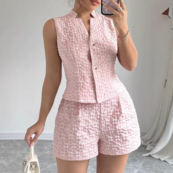 European And American Size Women's Elegant Solid Color Jacquard Sleeveless Vest And Shorts Two-piece Set - Image 3