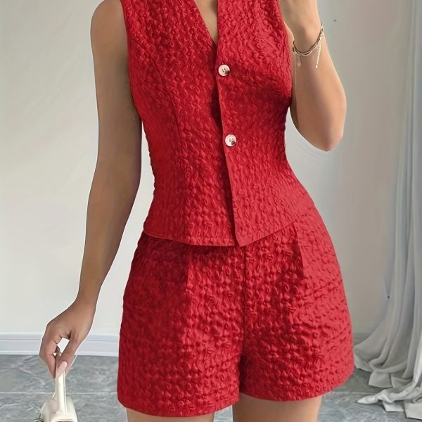 European And American Size Women's Elegant Solid Color Jacquard Sleeveless Vest And Shorts Two-piece Set - Image 2