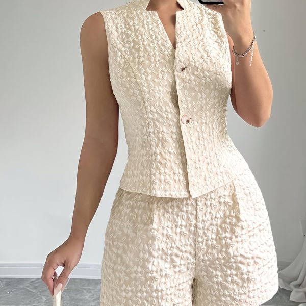 European And American Size Women's Elegant Solid Color Jacquard Sleeveless Vest And Shorts Two-piece Set - Image 8