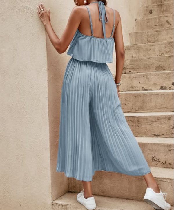 Women's Summer Solid Color Vacation Loose Suit Strap Backless Thin Romper Streetwear INS One-Piece Outfit Beach Style Striped Wide Leg Trousers Casual Suit - Image 5