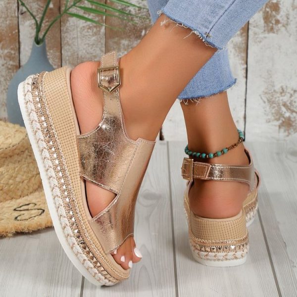 Summer Shiny Sandals Hollow Design Fish Mouth Sandal For Women Fashion Buckle Wedges Shoes - Image 2
