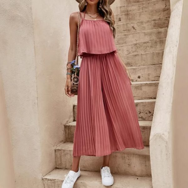 Women's Summer Solid Color Vacation Loose Suit Strap Backless Thin Romper Streetwear INS One-Piece Outfit Beach Style Striped Wide Leg Trousers Casual Suit - Image 8
