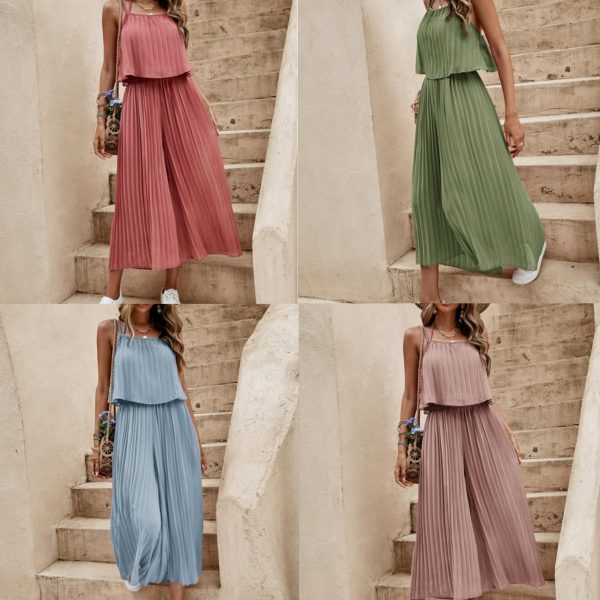 Women's Summer Solid Color Vacation Loose Suit Strap Backless Thin Romper Streetwear INS One-Piece Outfit Beach Style Striped Wide Leg Trousers Casual Suit - Image 6