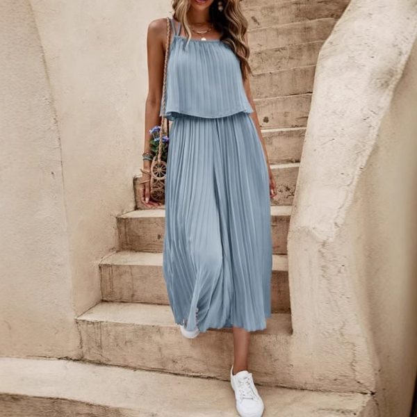 Women's Summer Solid Color Vacation Loose Suit Strap Backless Thin Romper Streetwear INS One-Piece Outfit Beach Style Striped Wide Leg Trousers Casual Suit - Image 9