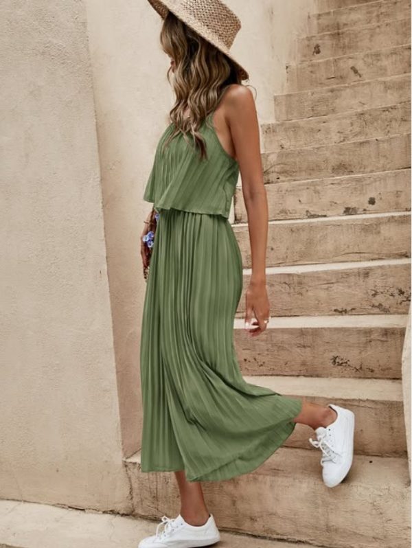Women's Summer Solid Color Vacation Loose Suit Strap Backless Thin Romper Streetwear INS One-Piece Outfit Beach Style Striped Wide Leg Trousers Casual Suit - Image 4