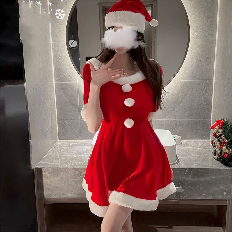 “Red velvet Christmas festival dress with white faux fur trim, festive holiday outfit for parties and celebrations.”