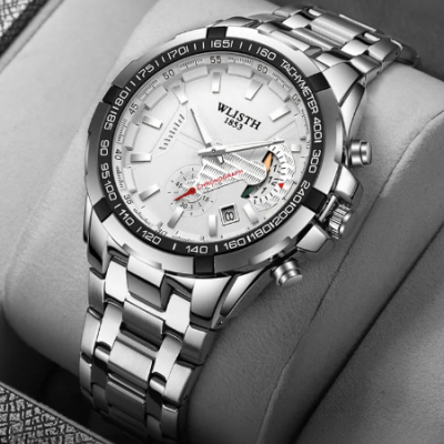 Quartz men’s waterproof sports wristwatch with stainless steel body and luminous display