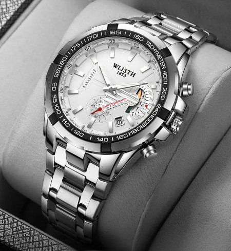 Quartz men’s waterproof sports wristwatch with stainless steel body and luminous display