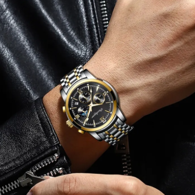 Multifunctional luminous waterproof quartz wristwatch for men with stainless-steel body, sporty dial, and elegant design