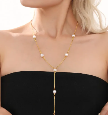 “Stainless Steel Pearl Y-shaped Clavicle Chain Light Luxury Tassel Necklace for Women – Elegant Fashion Jewelry Gift”