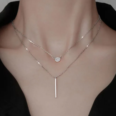 “S925 Silver Double Chain Long Stick Micro Pave Zircon Round Pendant Necklace for Women – Trendy Light Luxury Jewelry Gift”