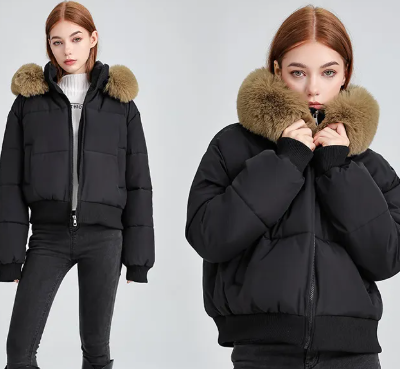 “Women’s Hooded Fur Collar Cotton-Padded Winter Jacket with Stylish Modern Design”