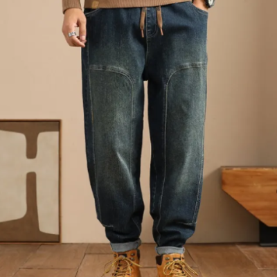 Loose elastic long denim jeans for men