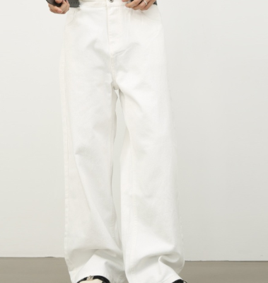 “Korean style retro half elastic waist loose straight jeans for men”