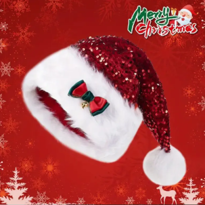 “Red sequin Christmas hat with bow design, thickened plush trim, long-haired festive holiday hat for winter celebrations.”