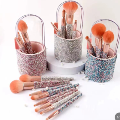 Light luxury diamond-embedded makeup brush set with 8 high-end brushes for professional and flawless makeup application