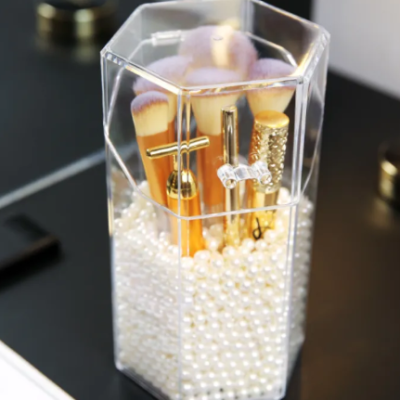 Transparent acrylic makeup brush storage bucket organizer for keeping makeup brushes clean, upright, and dust-free