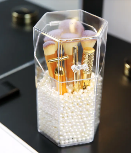 Transparent acrylic makeup brush storage bucket organizer for keeping makeup brushes clean, upright, and dust-free