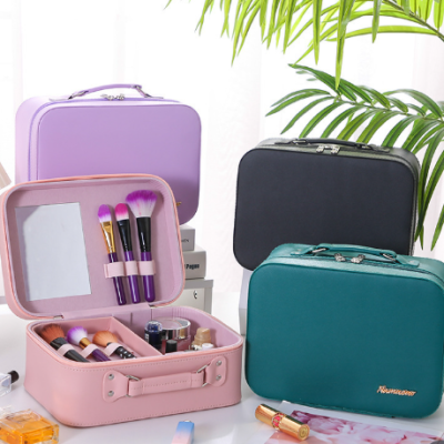 Solid color PU leather waterproof large capacity cosmetic bag for women, portable travel makeup organizer