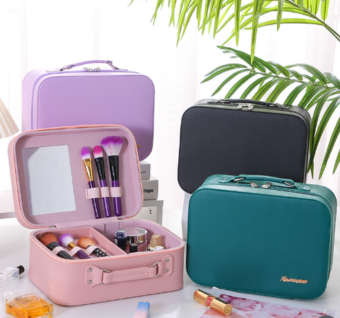 Solid color PU leather waterproof large capacity cosmetic bag for women, portable travel makeup organizer